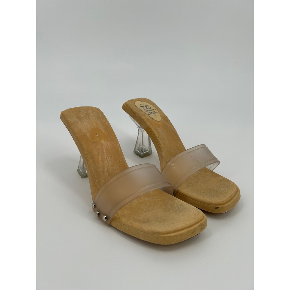 725 Originals Vintage Lucite Heel Wood Slide Sandals Tan Size 8 - Picture 5 of 8